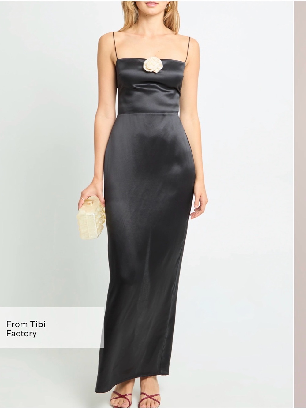 Tibi Black Satin Maxi Slip Dress with Cream Floral Pin